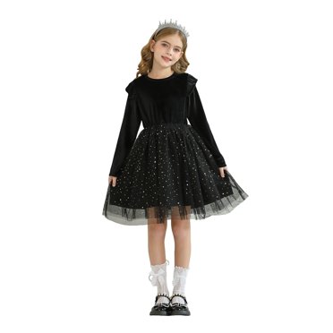 JIRNDf Flower Girl Dresses For Wedding Elegant Ball Gown Party Princess Ruffled Long Sleeve Performance Starry Formal Casual Girls Summer Dress Black 7-8 Years