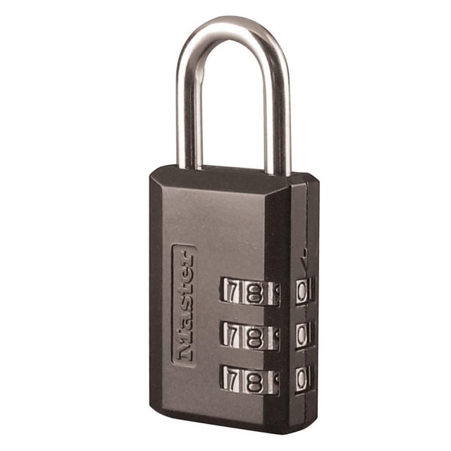 Master Lock 647D Combination Lock with a grey 30mm wide metal body and a 5mm diameter steel shackle, featuring three dials for keyless set-your-own combination security, shown in a front 3/4 view on a white background, ideal for luggage and travel accessories.