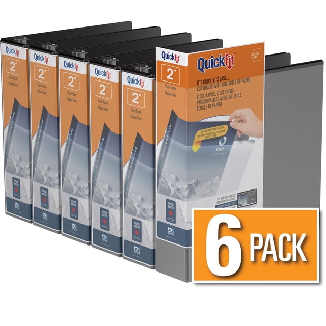 QuickFit® View Binder, D Ring, 6 Pack, 2 inch black binders with unique overlay design for custom spine inserts, clear front and back pockets, and back-mounted rings that allow pages to lie flat, shown with a hand inserting a custom cover sheet featuring mountain imagery, made in Canada and ideal for office or school use.
