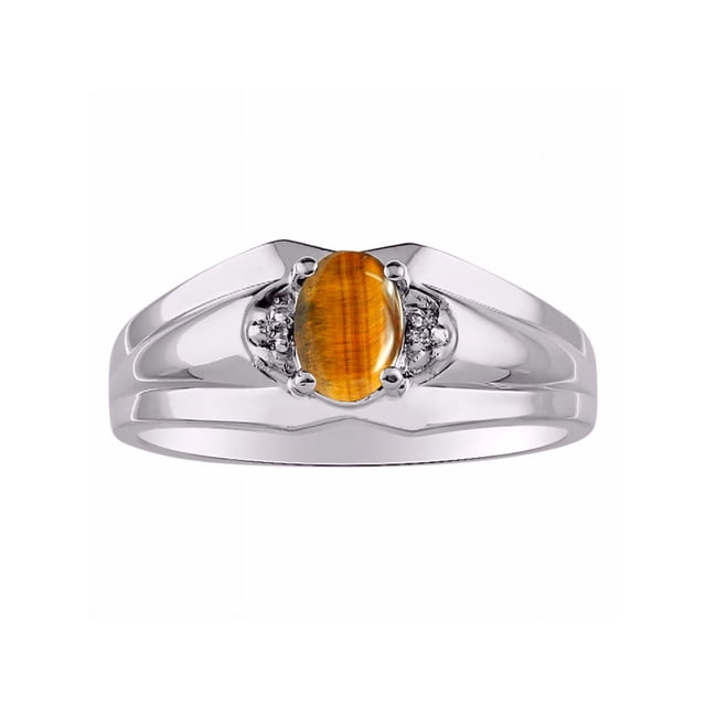 RYLOS Mens Rings 14K White Gold Classic Design 7X5MM Oval Gemstone & Diamond Tiger Eye November Birthstone Ring Size 13