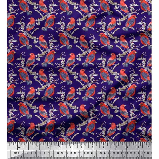Soimoi Blue Poly Georgette Fabric Branches & American Robin Bird Decor Fabric Printed BTY 42 Inch Wide