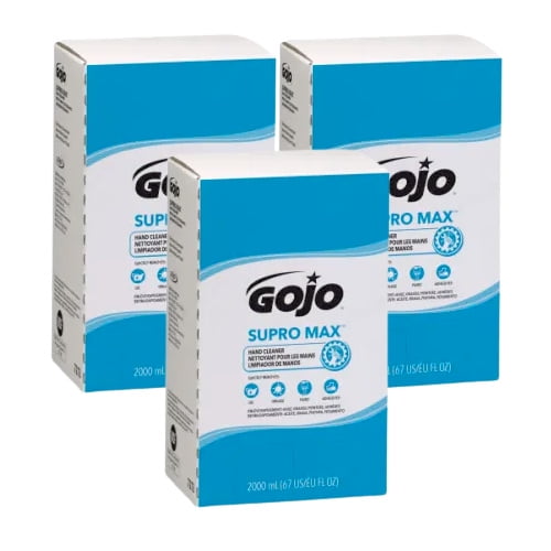 GOJO® SUPRO MAX™ Nettoyant pour les Mains Recharge de 2000 ml pour Distributeur GOJO® ProTM TDXTM, Présenté en Lot de 3. Ces Recharges de Savon pour les Mains Présentent un design Sanitaire ScelléTM pour Prévenir la contamination et Incluent une valve Distributrice Fraîche. l'Emballage Met l'Accent sur Sa Formule de Nettoyage Robuste avec des Tampons à Récurer Doux et des Revitalisants pour la Peau, Idéal pour Maintenir une Peau en Santé.