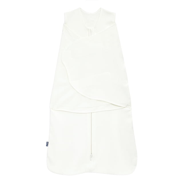 HALO® SleepSack® Swaddle in cream, small size, displayed flat with the 3-way adjustable swaddle wrap partially open, made of soft 100% cotton interlock fabric with secure fasteners, designed to replace loose blankets for safer, hip-healthy baby sleep and easy diaper changes.