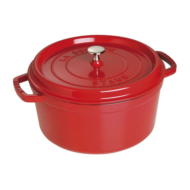 STAUB La Cocotte 6.75 L Cast Iron Round Cocotte in cherry red, a premium Dutch oven with enamelled cast iron construction, ergonomic handles, and a tight-fitting lid featuring a nickel steel knob. The lid design ensures even condensation distribution for enhanced cooking. Suitable for all stovetops, including induction, and oven safe up to 500°F with the lid. Perfect for braising, stewing, and preparing meals for 5 to 7 people, this versatile casserole dish is ideal for goulash and vegetable dishes.