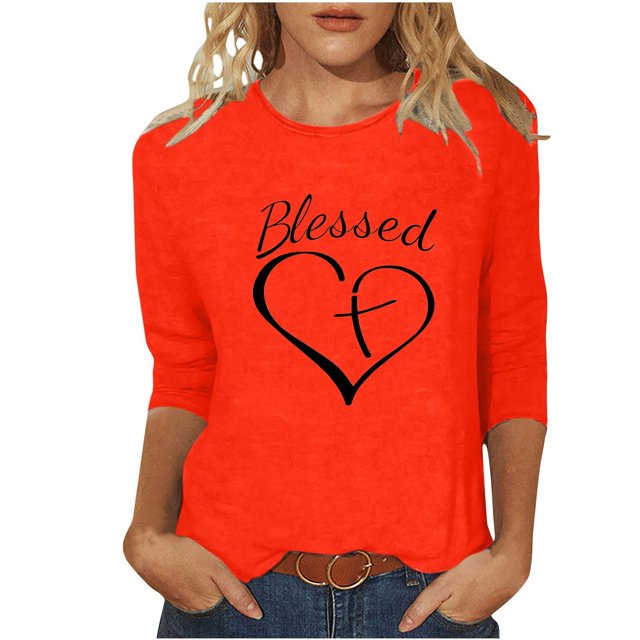 Penkiiy Hauts à Manches 3/4 pour Femmes avec Imprimés de Cœurs, Col Rond, Tunique de la Saint-Valentin, T-Shirts, Blouse, m, Orange