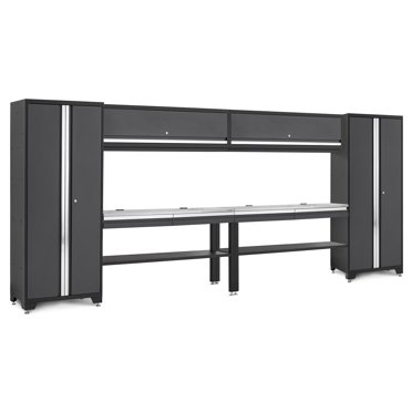 NewAge Products Bold Series Gray 8 Piece Set with 30 in Locker, 60 in Wall Cabinet, 60 in RTA Workbench and Stainless Steel Worktop, Heavy Duty Steel Grage Storage Cabinets