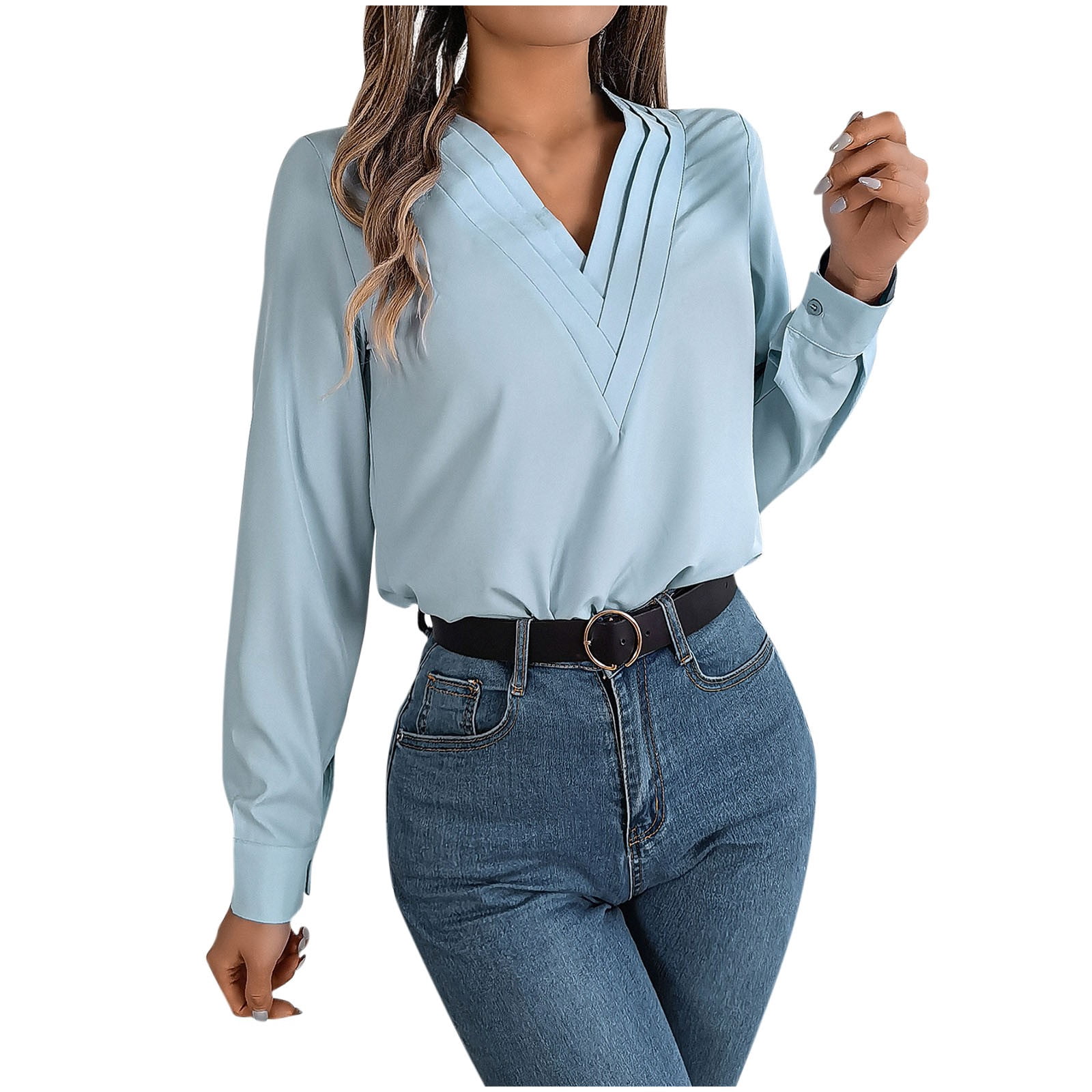 Timegard Formal Tops for Women V-Neck Long Sleeve Button Solid Color Tee Business Casual Loose Tops