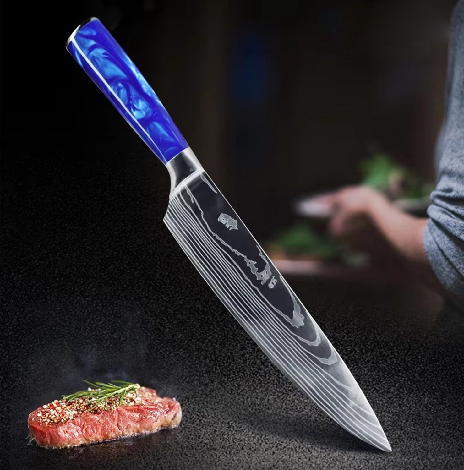 Kitchen Knife- 8-inch Japanese Chef Knife Set with Laser Damascus Pattern, Ergonomic Wooden Handle