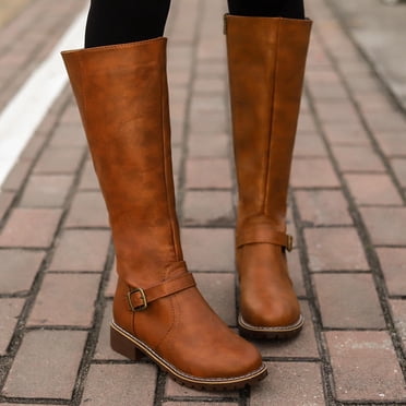EGNMCR Bottes d'Hiver pour Femmes Femmes Chaussures Rétro Décontractées Épaisses à Talons Bas Grande Taille Mi-Mollet à Fermeture Éclair