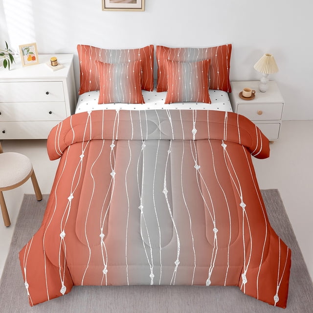 YST Orange and Grey Gradient Ombre Comforter Set, 7-Piece, Wave Lines Dots, Full