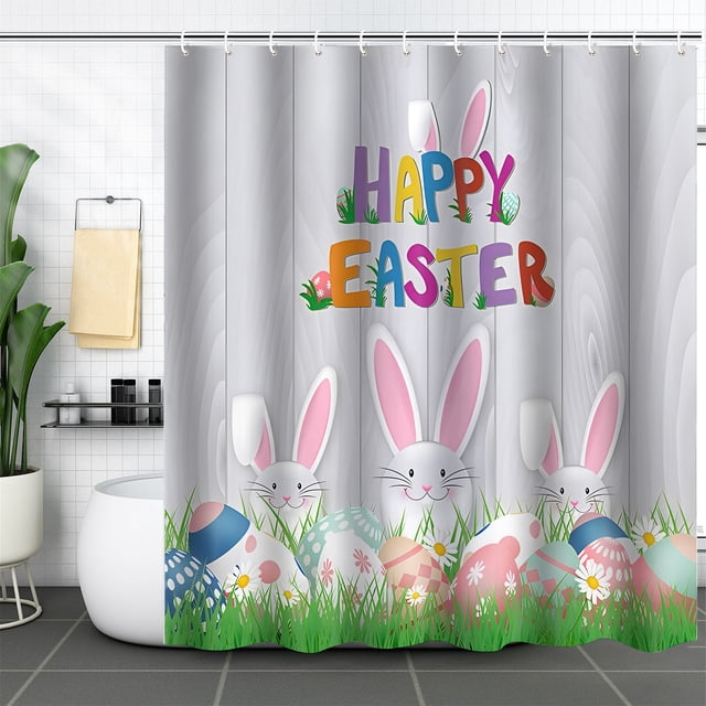 CaiYueKe Waterproof Polyester Shower Curtain with Hooks - No Punch Fabric Bathroom Partition Digital Printing Decorative Easter Spring Theme Water Resistant Easy Install Bath Curtain