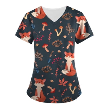 EGNMCR Hauts de Sarrau d'Infirmière pour Femmes Mode Décontractée Imprimé Uniforme de Travail Manches Courtes Col en V Blouse T-shirt de Travail avec Poches, Cadeaux pour Femmes