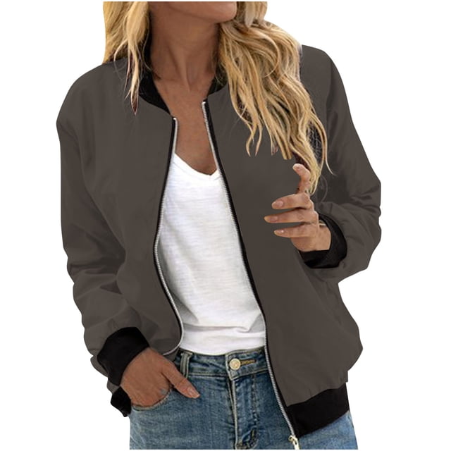 Womens Fashion Jacket Casual Stand Collar Zip Up Lightweight Coat Fall Color Block Jackets with Pockets Brown XXXL