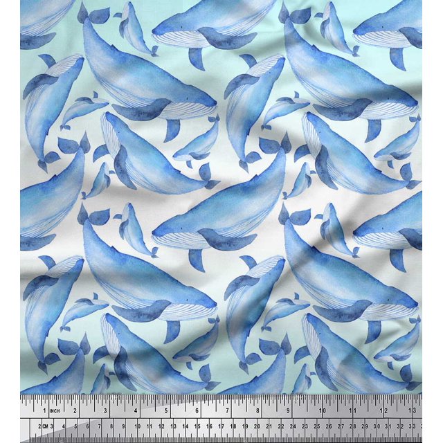 Soimoi Green Poly Georgette Fabric Whale Ocean Printed Fabric 1 Yard 52 Inch Wide