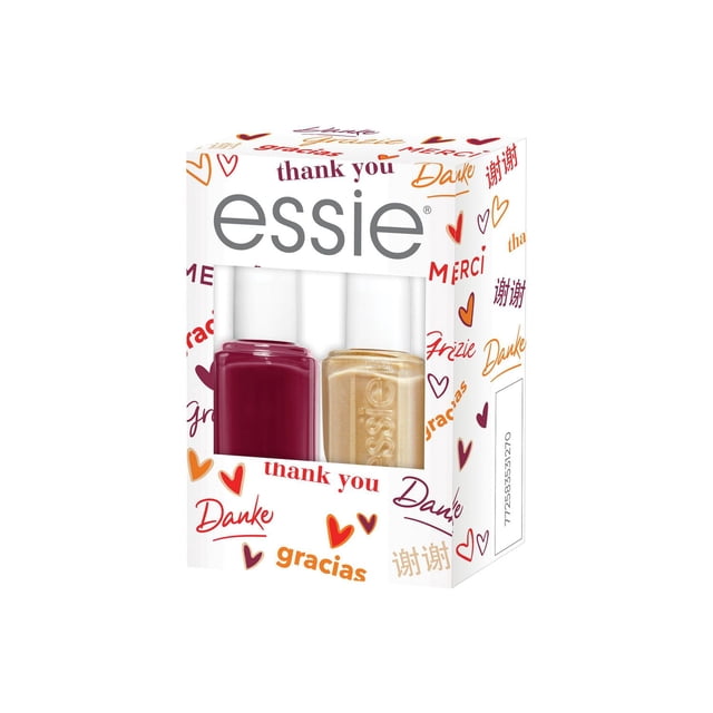 Essie Trousse Duo de Vernis à Ongles Édition Limitée Contenant Deux Bouteilles de Vernis à Ongles dans une Boîte Blanche Décorée de messages de Remerciement en Diverses Langues et d'Icônes en Forme de Cœur, Présentant un Rouge Profond et une Teinte Or Scintillante avec des Capuchons Blancs, Convient pour Créer des looks de Manucure Variés.