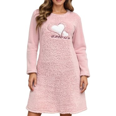 DuoJiaJ Chemises de Nuit pour Femmes, Flanelle à Cœur Automne/hiver à Manches Longues Épaissie – Tenue de Détente Mignonne et Douillette Rose