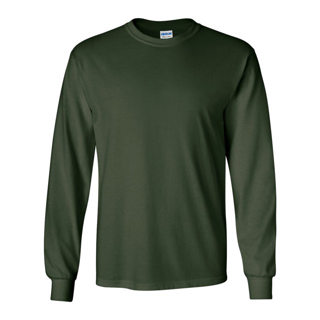 Gildan Ultra Cotton Long Sleeve T-Shirt for Men in a solid dark green color, featuring a classic crew neck design and ribbed cuffs. Made from durable cotton fabric, ideal for casual wear, layering in cooler weather, or as a comfortable option for outdoor activities.