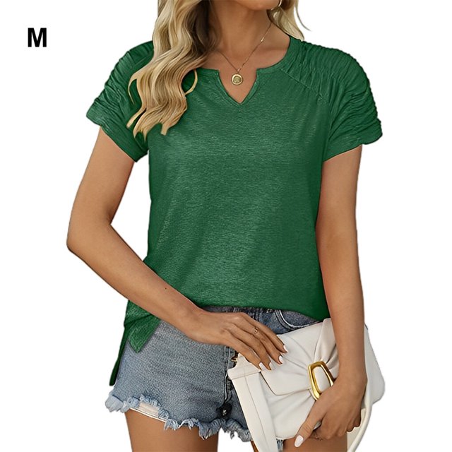 pitrice Summer Pleated Short Sleeve Solid Color Splicing V Neck T-Shirt Casual Basic Tops Female Shirts Daily Tees for Green M