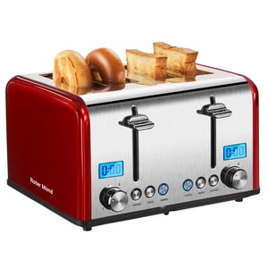Roter Mond Countdown Stainless Steel 4 Slice Toaster with Bagel, Defrost, Cancel Function, Dual Toaster, Extra Wide Slots, 6 Shade Settings, Removable Crumb Trays, 1650W, Red