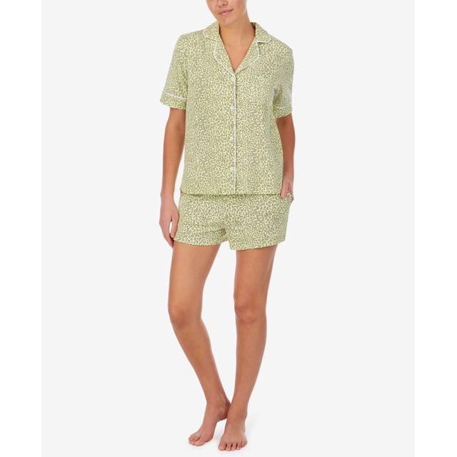 Dkny Sleepwear Printed Notched-Collar Top & Shorts Pajama Set, Green, Large