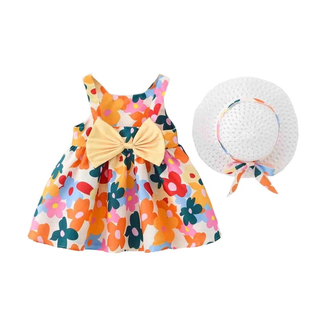 Robes pour Bébé Fille Robe Tutu Sans Manches pour Bébé Robe d'Été pour Bébé Fille avec Chapeaux 2 Pcs Ensembles pour Nourrisson 2-3 Ans