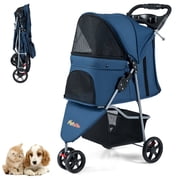 Gymax Foldable Pet Stroller Adjustable Cat Strolling Cart w/ Adjustable Canopy 3 Shock-absorbing Wheels Navy