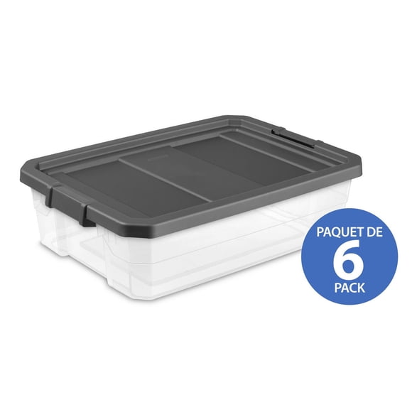 Sterilite 38 Liter Stacker Box, Durable Clear Underbed Plastic Storage Bin with Latch Lid, Dark Gray, 6 Pk