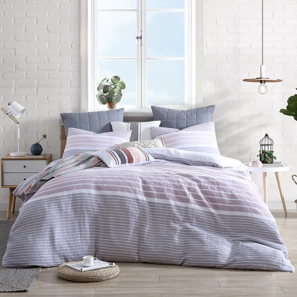 Swift Home 100% Cotton Yarn-Dyed Stripe Gauze Duvet Cover Set, Textured, Full/Queen, Mauve