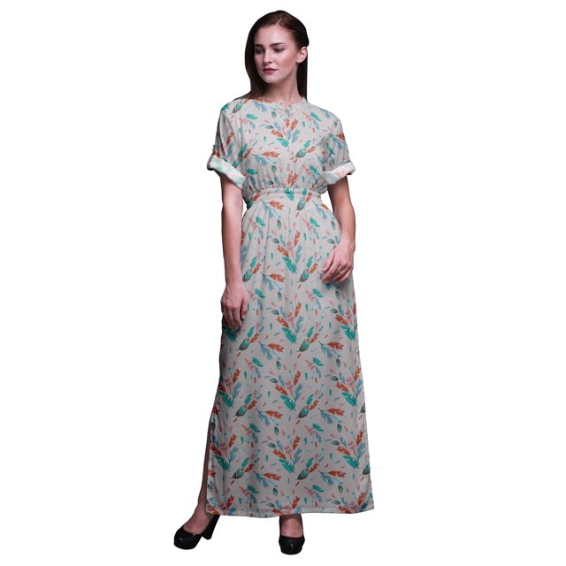 Bimba Rayon Tribal Feather Printed Womens Long MaxiDressGown With Side Slit-XXX-Large