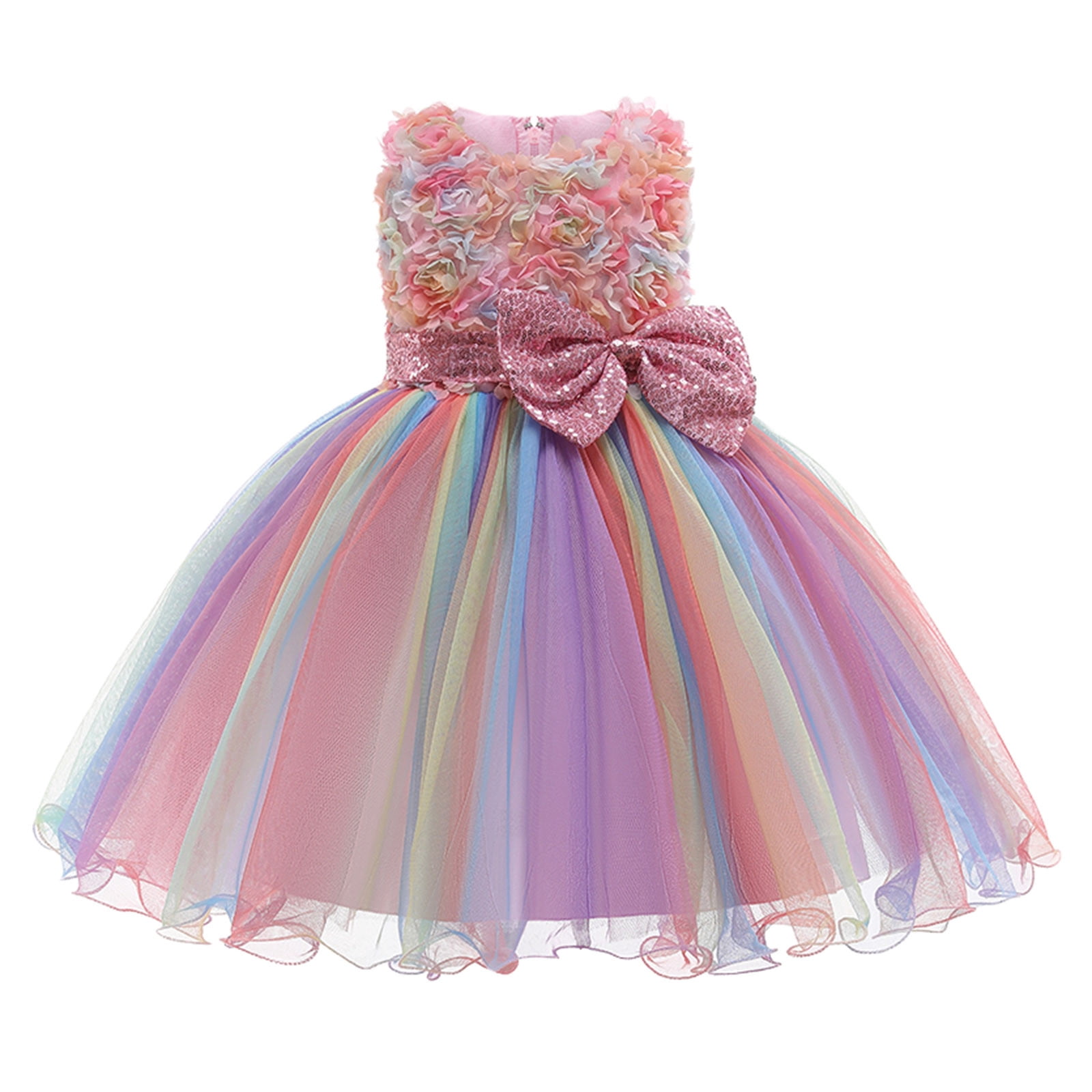 B91xZ Robe Printemps Été pour Filles Robe Florale Sans Manches à Volants Ligne A Décontractée avec Poches pour Enfants, Rose 3-4 Ans