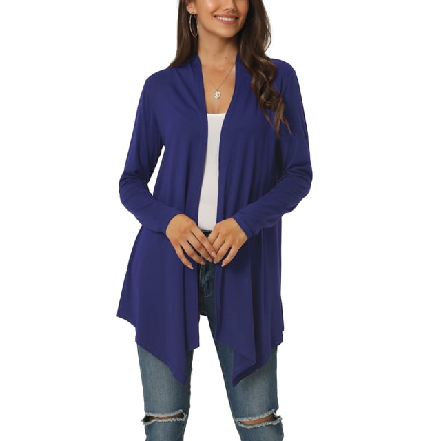INSPIRE CHIC Women's Spring Fall Draped Open Front Casual Long Sleeve Lightweight Cardigan L Royal Blue