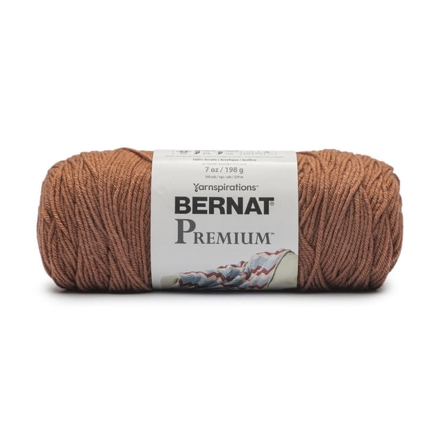 Bernat® Premium™ Yarn, Acrylic #4 Medium, 7oz/198g, 360 yards, solid brown acrylic yarn skein with a white label featuring the Bernat logo and a crocheted blanket image, machine washable and suitable for knitting and crochet projects including afghans and garments.
