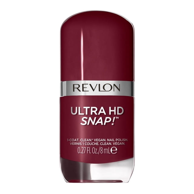 Revlon Ultra HD Snap Vegan Glossy Nail Polish 8mL in a deep berry colour with a rounded cap and silver band showing the Revlon logo, featuring quick-drying, one-coat full coverage and an ergonomic flat brush for smooth, streak-free application, ideal for easy at-home manicures.
