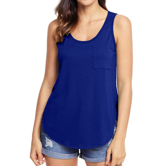 Women U Neck Solid Color Side Split Scoop Hem Tank Top