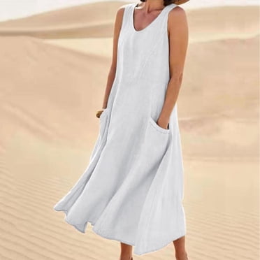 Aqestyerly Robe d'Été pour Femme, Sans Manches, Col en V, Couleur Unie, en Coton et Lin, Longue, Décontractée, Confortable, Légère, Tendance, Maxi, HWRETIE