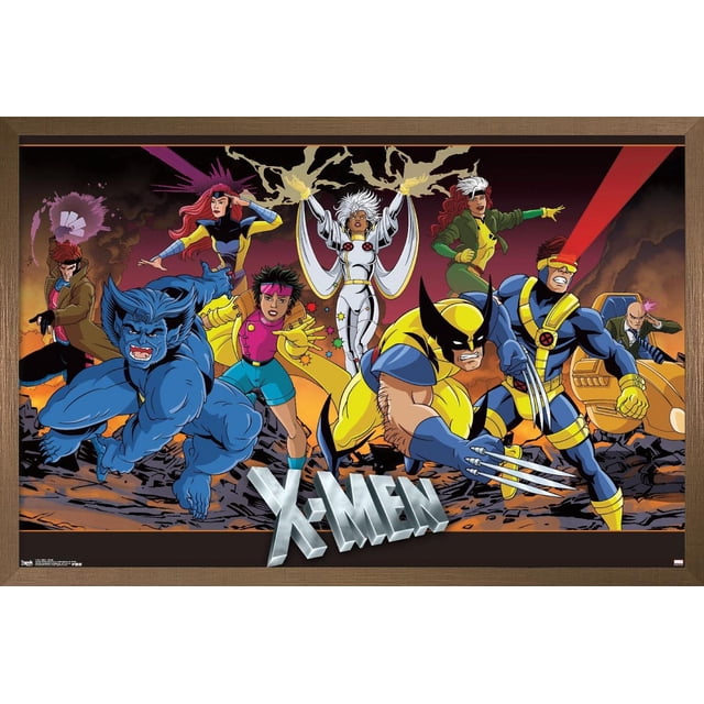 Marvel Comics - The X-Men - Affiche Murale de Groupe, 22,375 Pouces x 34 Pouces Encadrée, Représentant l'Équipe des X-Men en poses d'Action Dynamiques sur un Fond Rocheux et Ardent avec le logo des X-Men Argenté au Bas. Comprend une Bête Accroupie en Fourrure Bleue, Wolverine en Jaune et Bleu avec Griffes Allongées, des Cyclopes Tirant une Optique Rouge, une Tempête en Blanc avec Effets de Foudre, un Voleur en Vert et Jaune