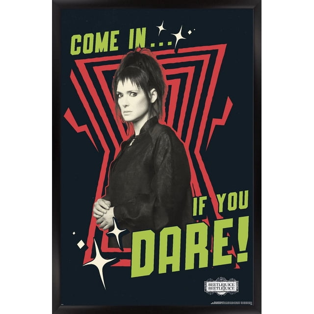 Beetlejuice Beetlejuice - Affiche Murale « Come In If You Dare », 14,725 Po x 22,375 Po Encadrée, Représentant une Figurine Vêtue de Noir sur des Formes Géométriques Rouges sur un Fond Sombre avec Texte Vert « Come In... If You Dare! » et accents d'Étoiles Blanches, art Mural Léger et Facile à Accrocher par Trends International.