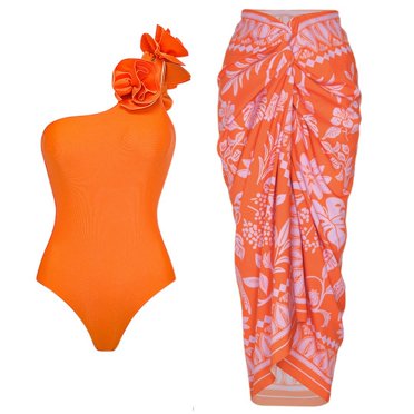 FhsagQ Swimsuit Sets for Women Crotchless Leather Women Fashionable One Shoulder Three Flower With Pads and No Steel Support Shiny Orange High End Swimsuit Set Womens Swimsuit Sets Bodysuit Orange M