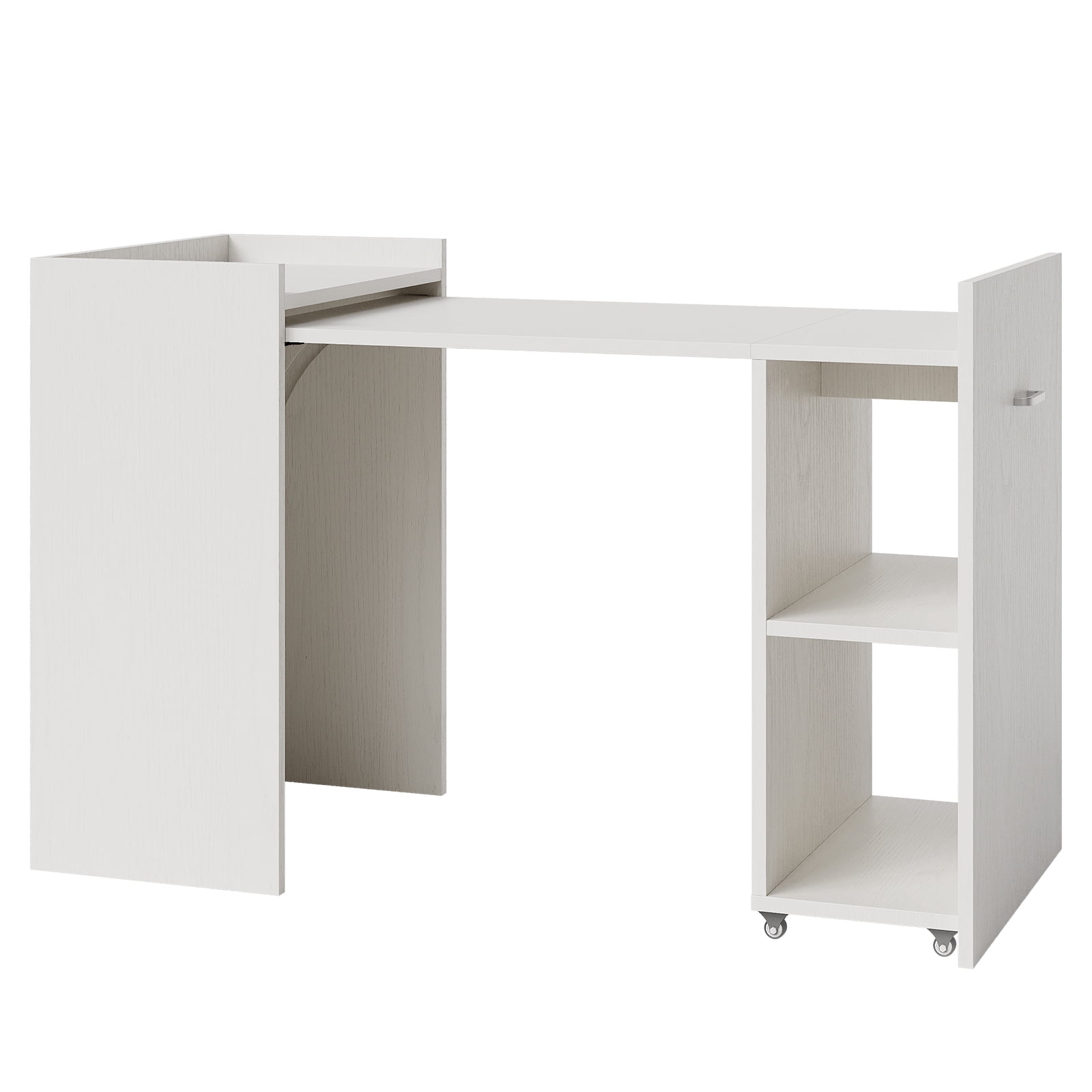 Collapsible 50 Inch Computer Desk with Storage Cabinet, Mobile Office Table on 360° Wheels with 3 Tier Shelves, Space Saving Compact Desk for Home Office Study Gaming Dorm Apartment, White