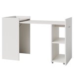 Collapsible 50 Inch Computer Desk with Storage Cabinet, Mobile Office Table on 360° Wheels with 3 Tier Shelves, Space Saving Compact Desk for Home Office Study Gaming Dorm Apartment, White