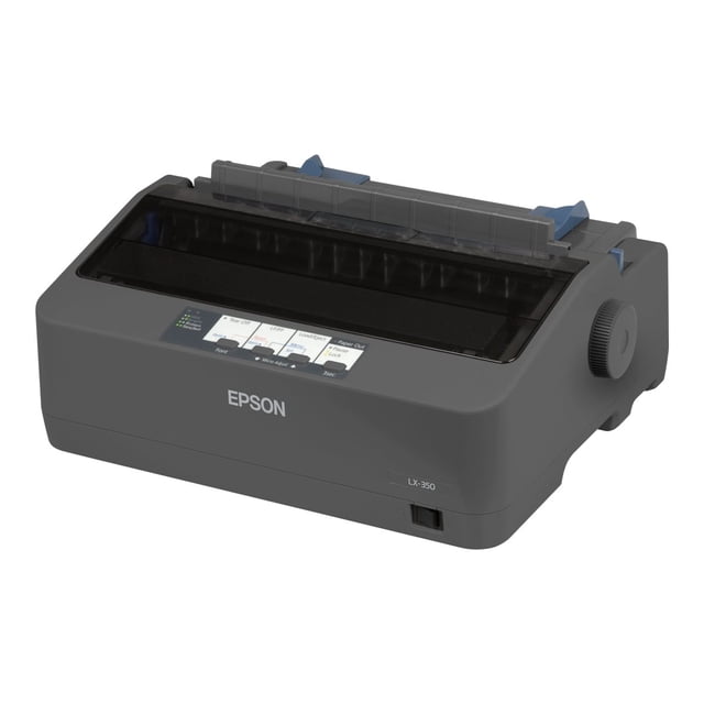 Epson LX 350 printer, a compact and reliable black-and-white dot-matrix printer with 9-pin technology, capable of printing up to 357 characters per second. Features include parallel, USB, and serial connectivity, a high ribbon yield of 4 million characters, and low power consumption of 1.1 W in sleep mode. The printer is ENERGY STAR qualified and designed for continuous paper or multi-part stationery use, ideal for front and back office applications.