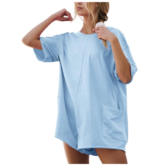 Combinaison Décontractée d'Été pour Femme Sans Dos - Manches Courtes, Coupe Ample, Combinaison Sportive de Plage à Jambe Grand