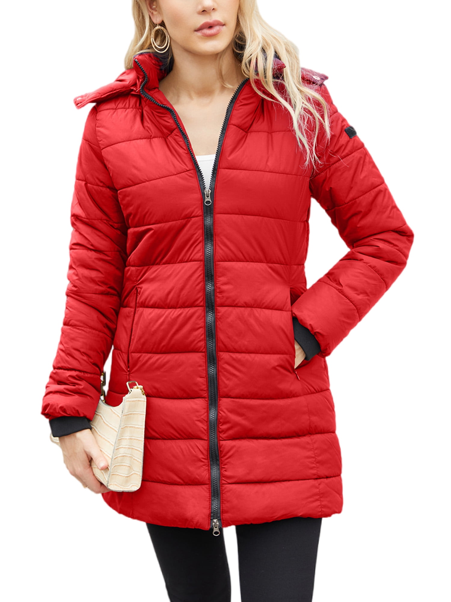 Innerwin Manteaux à Capuche Couleur Unie Femme Doudoune Hiver Manches Longues Légère Rouge 2TG