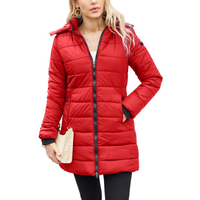 Innerwin Hooded Coats Solid Color Women Down Winter Long Sleeve Lightweight Puffer Jacket Red M