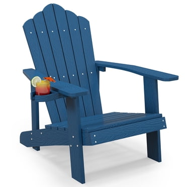 Gymax Patio HIPS Outdoor Weather Resistant Slatted Chair Adirondack Chair w/ Cup Holder Navy