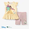 thumbnail image 1 of Disney Princess Girls Ruffled Graphic Tee Stripped Leggings Shorts 2 Pieces Summer Outfits Set Sizes 2-6, 1 of 5