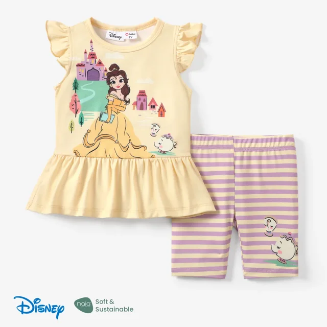 Disney Princess Girls Ruffled Graphic Tee Stripped Leggings Shorts 2 Pieces Summer Outfits Set Sizes 2-6