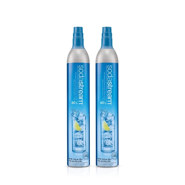 SodaStream 60L CO2 Cylinder, 2pack featuring two silver aluminum carbonating cylinders with blue caps and labels showing the SodaStream logo and a glass of sparkling water with ice and lemon, each cylinder carbonates up to 60 liters of water, compatible with multiple SodaStream sparkling water makers, suitable for home carbonation and reducing single-use plastic bottle waste.