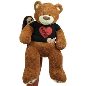 5 Foot Very Big Smiling Teddy Bear Wearing Black and Red I Love You T-shirt Soft Cookie Dough Color