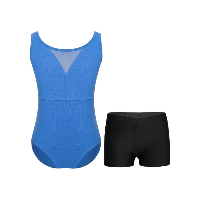 Moggemol Kids Girls Sheer Mesh Patchwork V-Back Dance Unitards Solid Color Sleeveless Bodysuit with Botty Shorts Set Blue 12